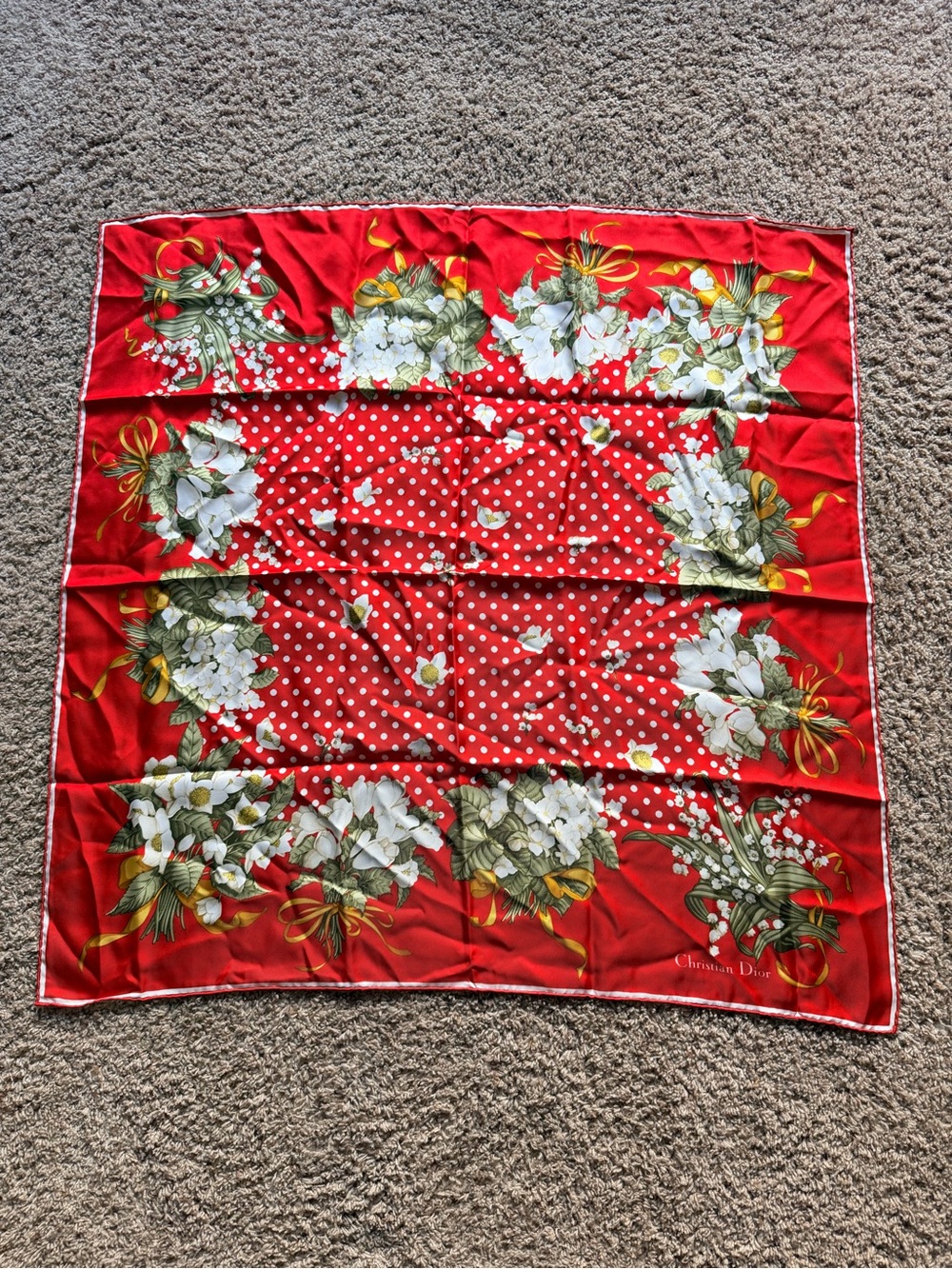 Christian Dior Red Floral Polka Dot Silk Scarf
